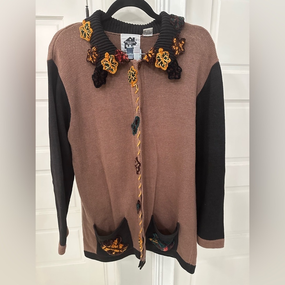 Vintage Storybook Knits Chenille  Colorful Floral Sweater Cardigan Pockets Sz M